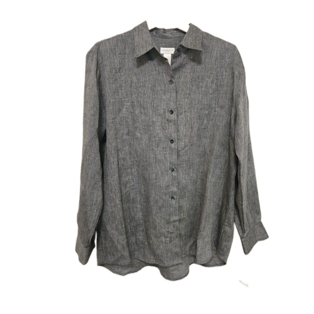 Liz Claiborne Womens Carefree 100% Linen Button Down Shirt Size Large Gray